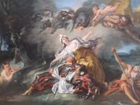 Armide, sur le point de poignarder Renaud désarmée à la vue de ce héros endormi (study)