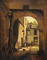 A Courtyard of a House in Paris with a Well, Townsfolk and a Dog