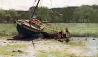 Salt Marsh Landscape with Two Children near a Beached Sailboat and Dory