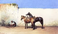 Hopi Man with Two Horses