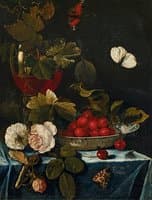 Still life with roses, glass and Chinese bowl with cherries
