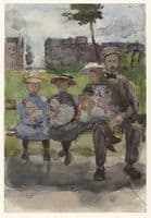 Man with Three Girls on a Bench in the Oosterpark in Amsterdam