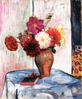 Vase of Dahlias with Book on a Table