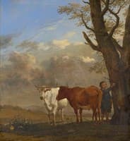 Two Bullocks with a Boy Cutting a Twig