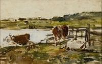 Barrière près d’une mare avec deux vaches (Fence near a Pond with Two Cows)