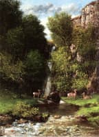 A Family of Deer in a Landscape with a Waterfall