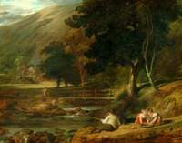 Borrowdale, Cumberland, with Children Playing by a Brook