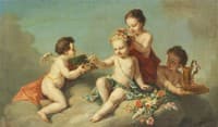Children Floating on Clouds with Jewelry, Flowers and a Cup