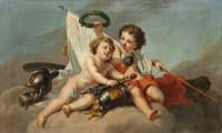 Children Floating on Clouds with Arms, Armors and a Oak Wreath