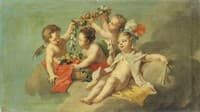 Children Floating on Clouds with a Flower Garland, a Mask and a Fan