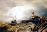 A Fishing Boat Caught in a Squall off a Jetty