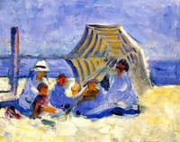 Beach Scene with Striped Umbrella