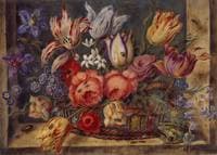 Flower study: various flowers in a basket, with frog and insects and in a window setting