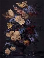 An urn containing tulips, crown imperial, lilac, roses, a lily and narcissusan