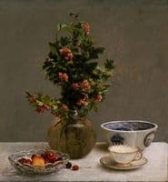 Still Life with Vase of Hawthorn, Bowl of Cherries, Japanese Bowl, and Cup and Saucer