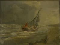 Sailing Boat Before the Coast in an Approaching Rain