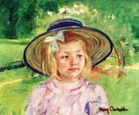 Little Girl in a Stiff, Round Hat, Looking to Right in a Sunny Garden