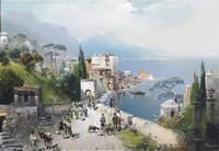 A Busy Coastal Path on the Bay of Naples, Vesuvius Beyond