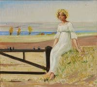 Young girl with flowers in her hair sitting on a fence