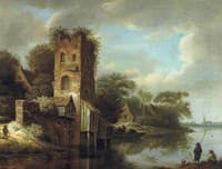 Dutch River Landscape with a Ruined Tower and Men Fishing