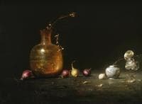 Amber Vase With Onions and Silver Dollars