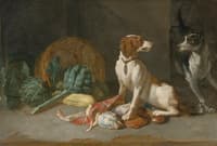 Two Hounds with a Still Life of Entrails, Artichokes, Lettuce, Squash