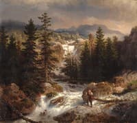 A Fisherman Inspecting his Cath near a Mountain Torrent