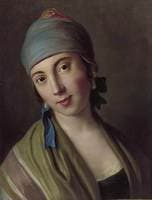 Portrait of a woman with a blue scarf and a striped scarf