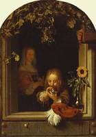 Boy at a Ledge Blowing Bubbles