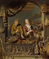 An Old Man and a Girl at a Vegetable and Fish Stall