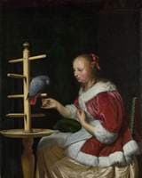 A Woman in a Red Jacket Feeding a Parrot