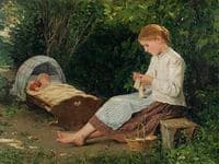 Knitting Girl Watching a Toddler in a Cradle