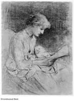 Young Woman Reading with a Sleeping Child