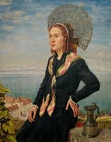 Portrait of a Girl with a Golden Crown on a Parapet above the Lake