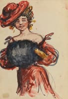 Lady in Read Holding Muff