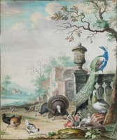 A Peacock, A Parrot and other Exotic Birdes in a Park Landscape