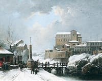 Winter Landscape with Figures Crossing a Bridge near a Monastery