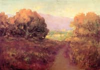 Trees, Pathway, Distant Mountains