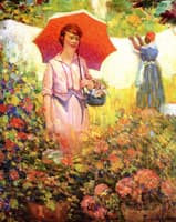 Pink Lady With Parasol in Flower Garden