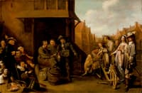 Street Scene with Knife Grinder and Elegant Couple