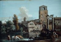 Capriccio with Horses Watering in a River Outside a Walled Town