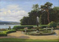 Country Garden Landscape with Fountain