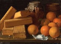 Oranges, nuts, spices, boxes of sweetmeats, a jug and a cask on a table