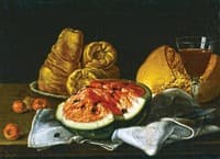Still-life with Watermelon, Bread, Bagels and Glass