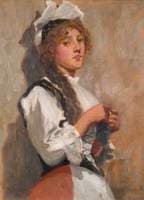 A Girl in Costume Knitting
