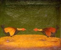 Cockfighting (two cocks face each other)
