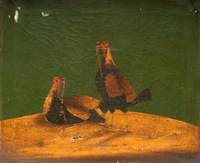 Cockfighting (both cocks bleeding from the mouth)