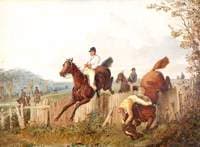Steeplechasers Jumping a Fence