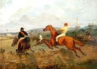 Two Steeplechasers Clearing a Wall, with Two Steeplechasers in the Middle Distance