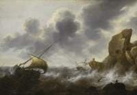 A Fishing Boat off a Rocky Coast in a Storm with a Wreck